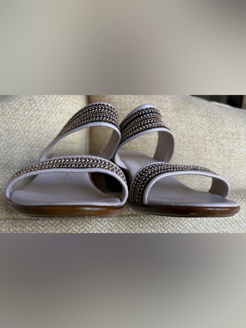 Toscanella Handmade 2” Wedge Slip-on Sandal w Woven Black & Gold Bead Straps 8.5 - Picture 5 of 9